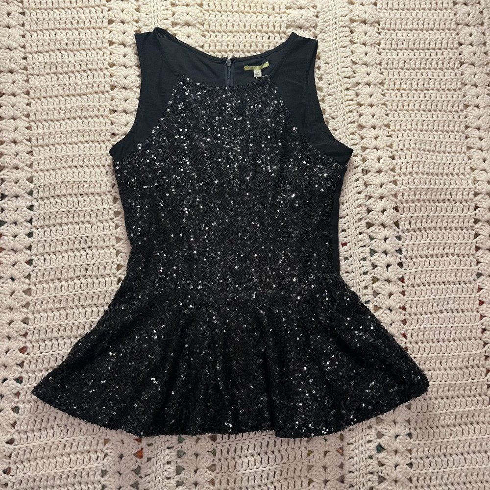 Gianni Bini Black Sequin and Stretch Mesh Peplum Bottom Sleeveless Top Size XS